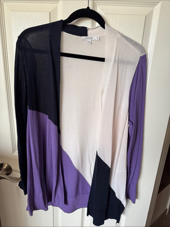 Chico's Sweaters - Chico's Open-Front Colorblock Cardigan in Purple, White & Navy